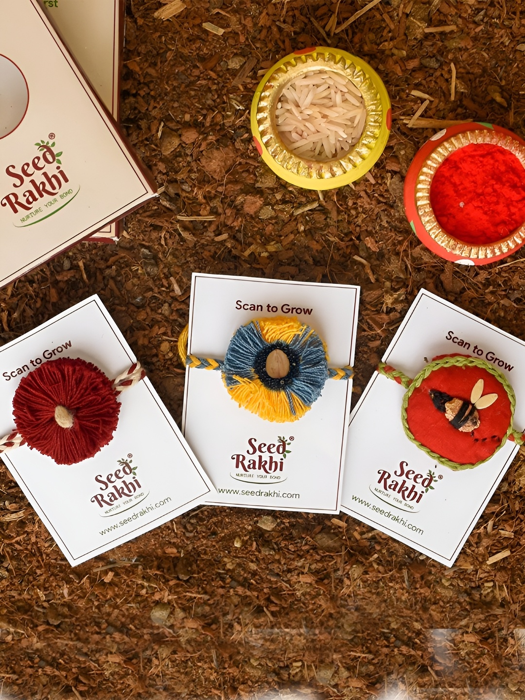 

Indigifts Set Of 3 Cotton Plantable Rakhi, Red