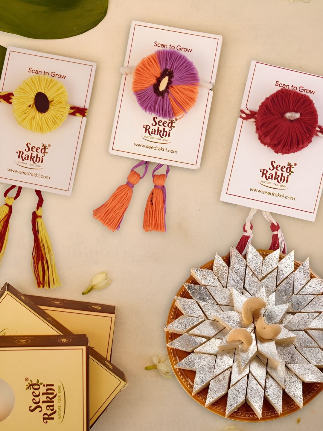 

Indigifts Set of 3 Rakhis Sweets Gift Box With Seed Rakhi, Yellow