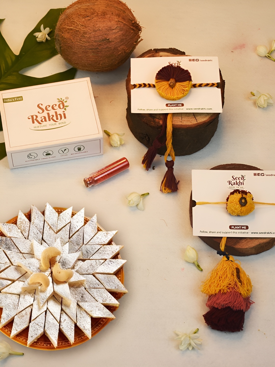

Indigifts Set Of 2 Rakhi with Kaju Katli, Yellow