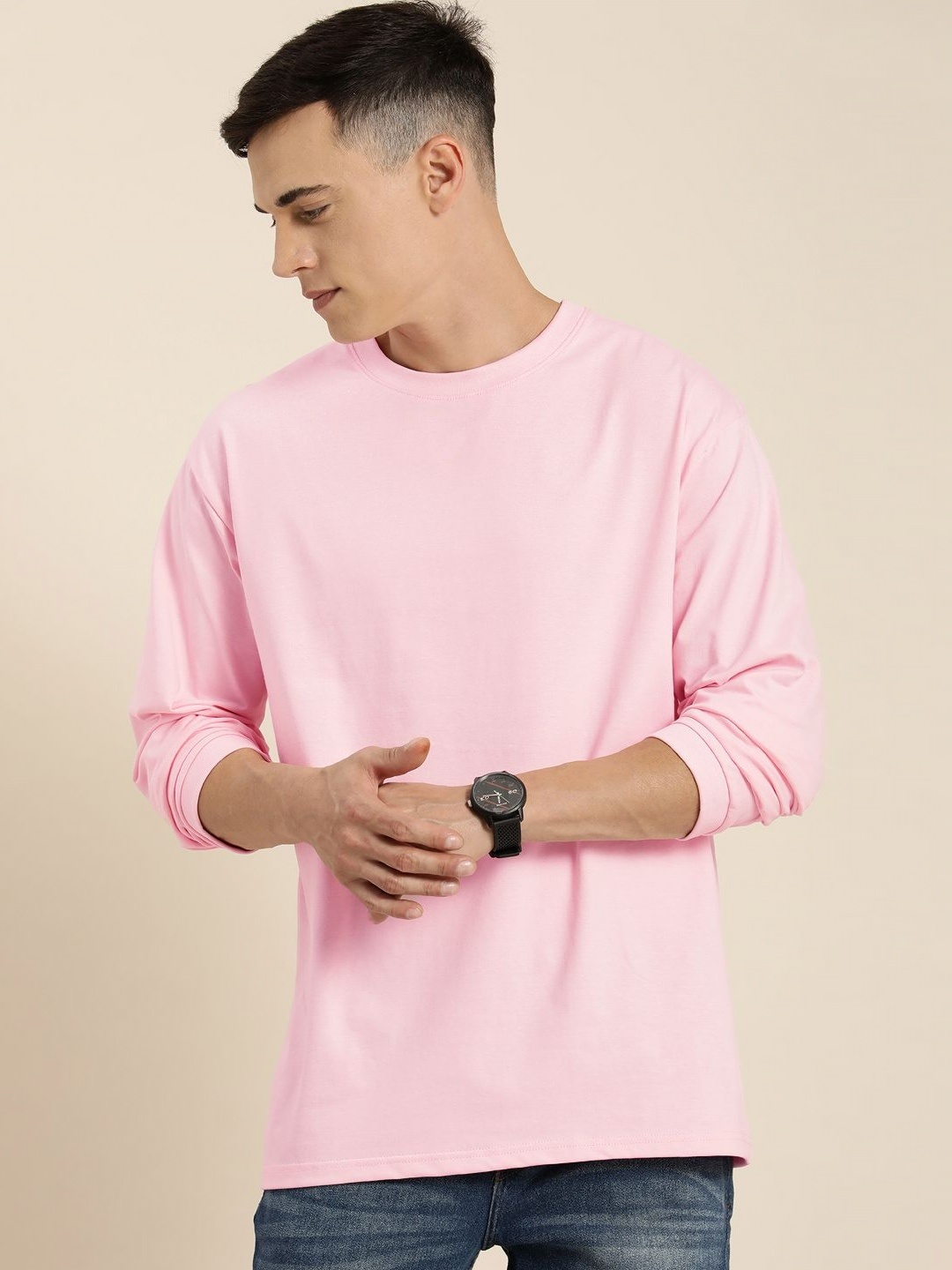 

DILLINGER Men Solid Round Neck Cotton Oversized T-Shirt, Pink