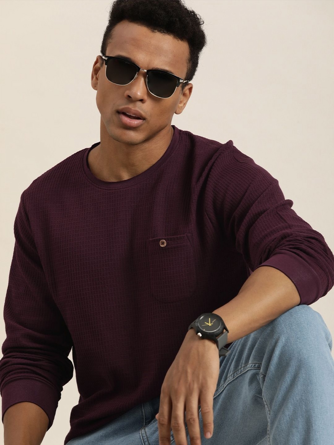 

DILLINGER Men Solid Round Neck Cotton T-Shirt, Maroon