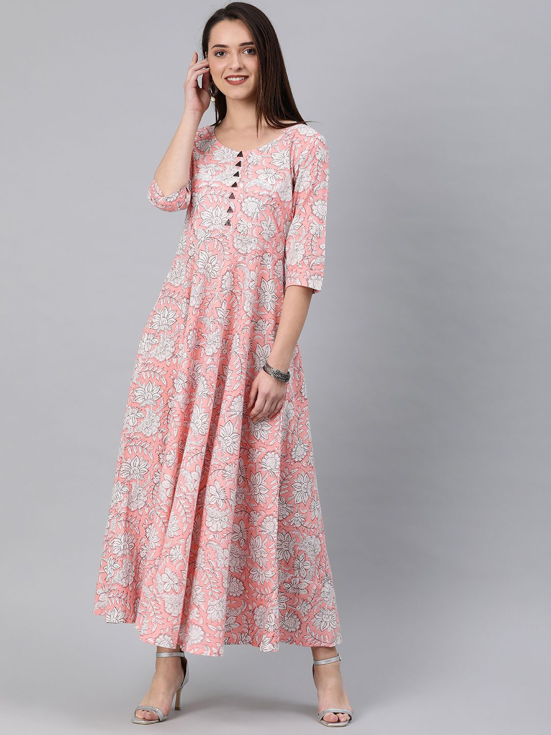

Swishchick Ethnic Motifs Printed A-Line Maxi Ethnic Dress, Peach