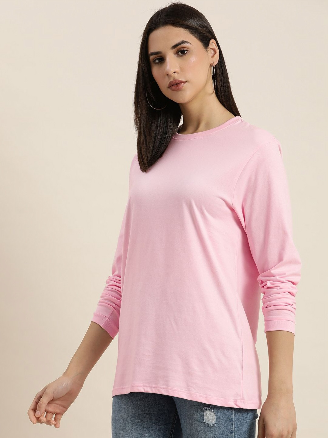 

DILLINGER Women Solid Round Neck Cotton Oversized T-Shirt, Pink