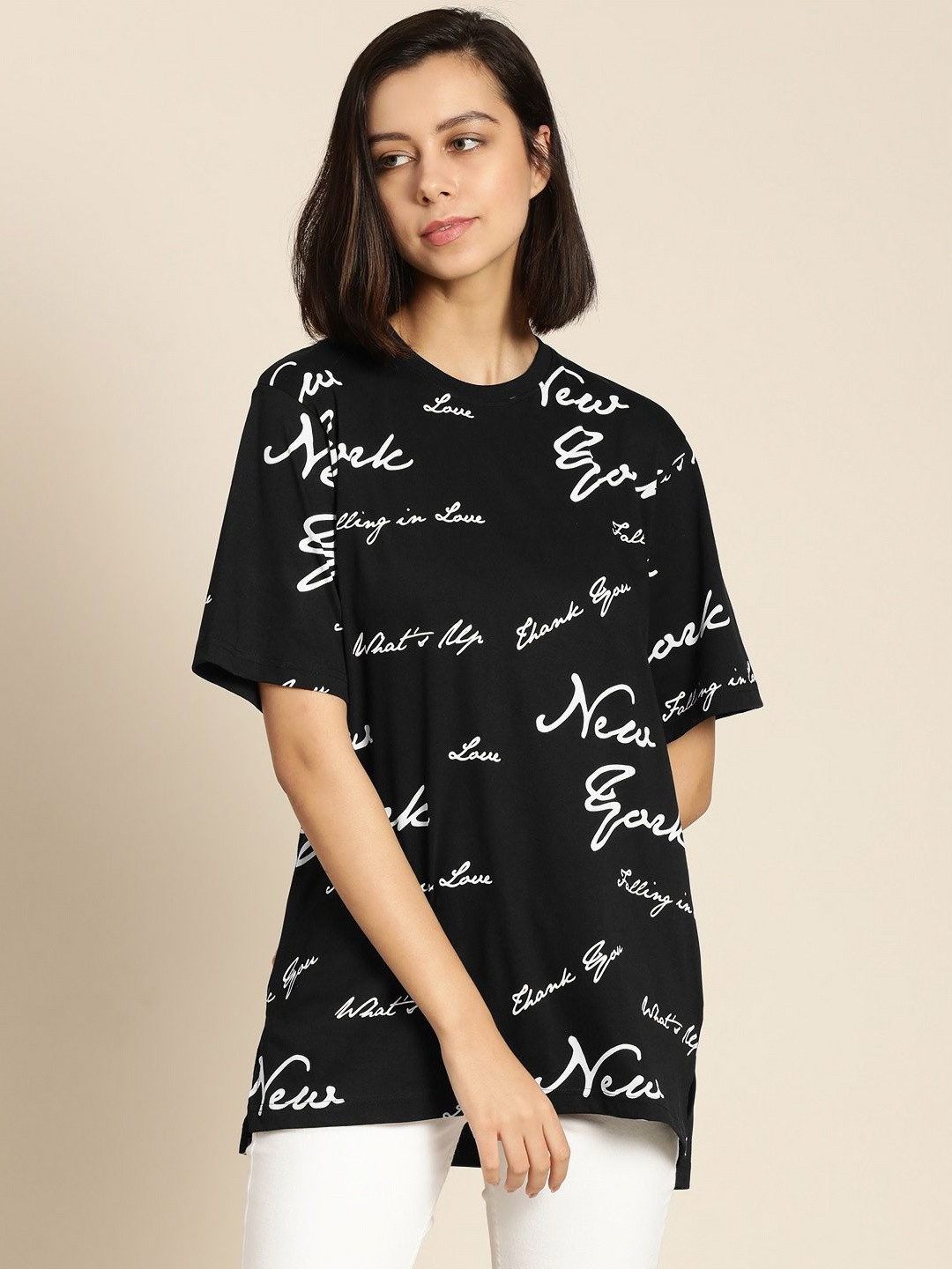 

Difference of Opinion Women Printed Round Neck Cotton Oversized T-Shirt, Black