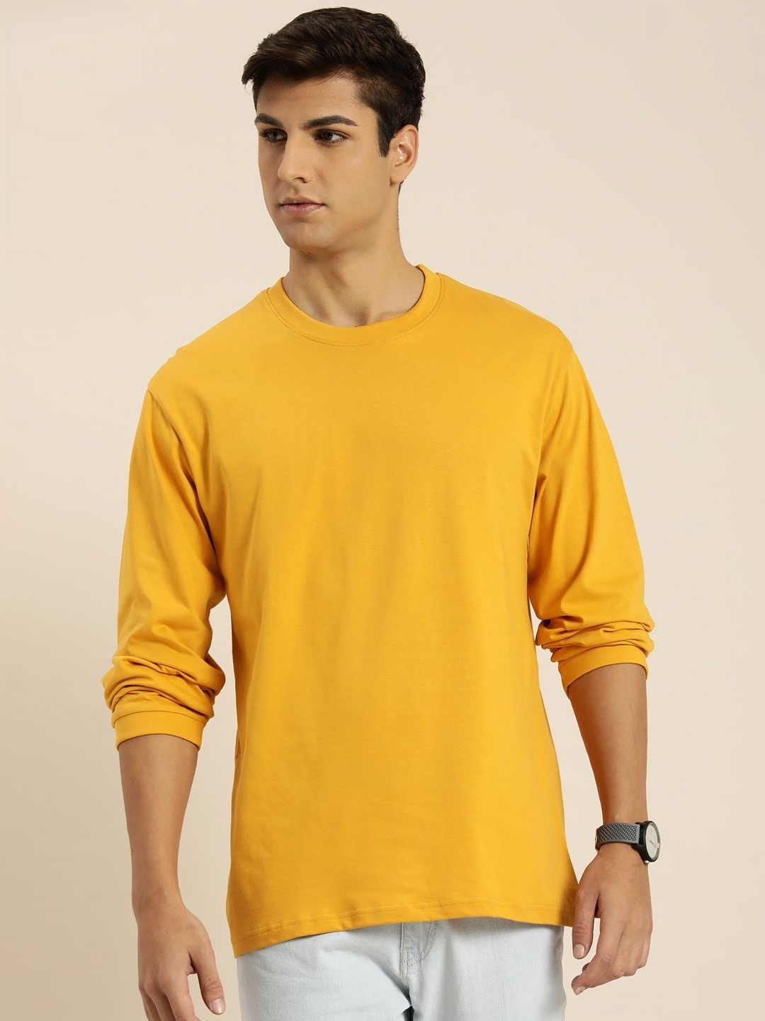 

Difference of Opinion Men Solid Round Neck Cotton Oversized T-Shirt, Mustard