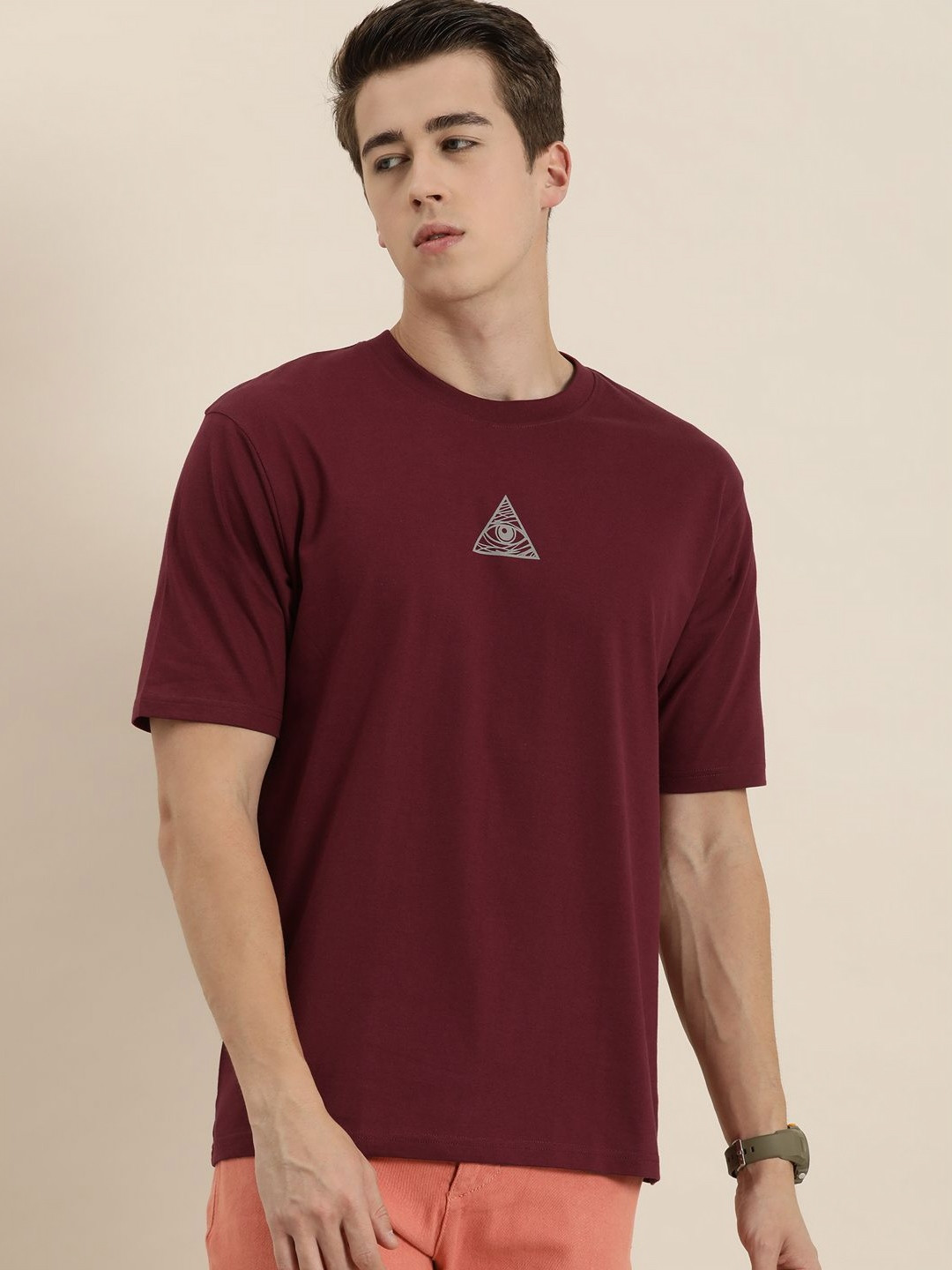 

Difference of Opinion Men Graphic Printed Round Neck Cotton Oversized T-Shirt, Maroon