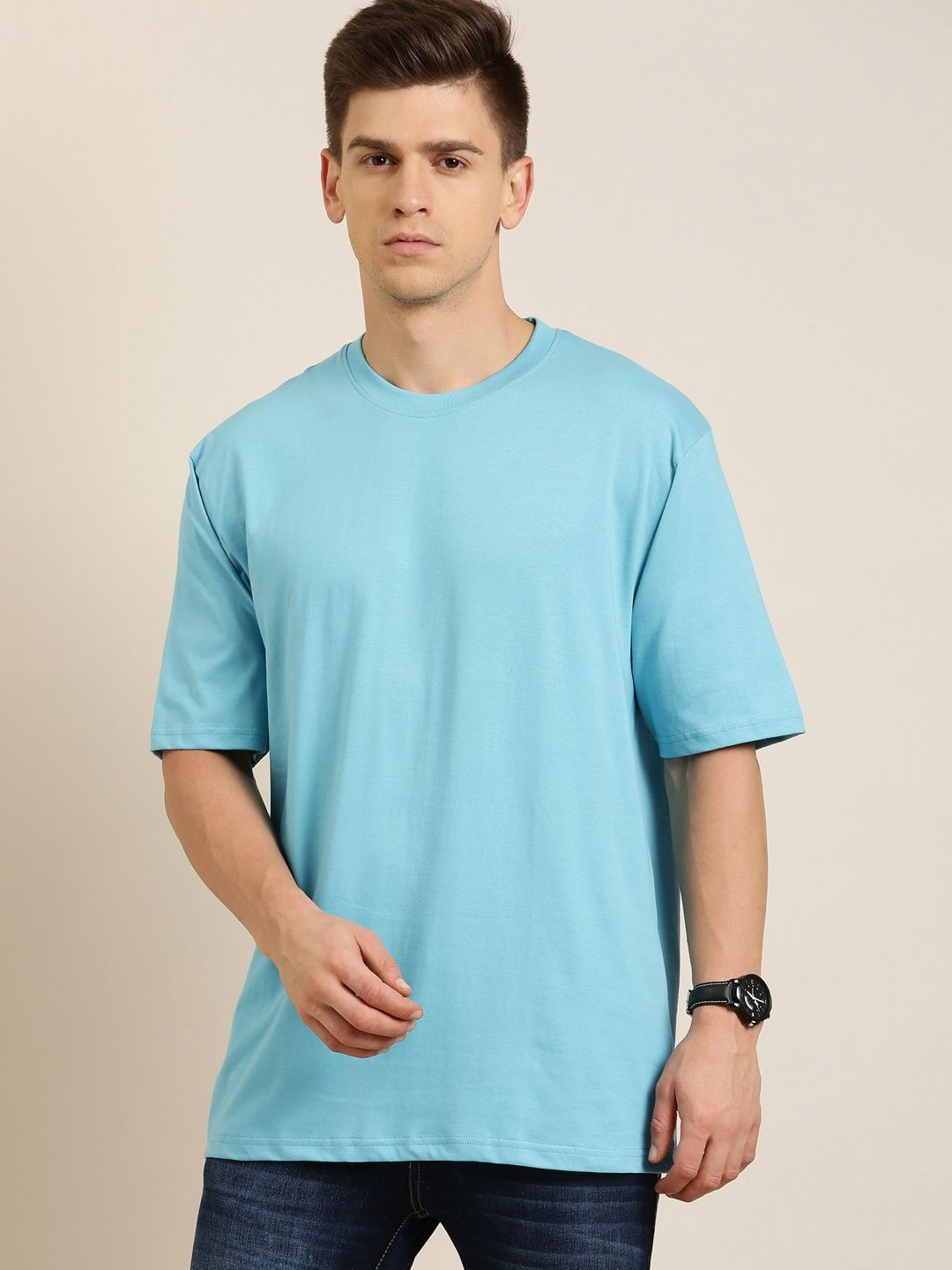 

Difference of Opinion Men Solid Round Neck Cotton Oversized T-Shirt, Blue