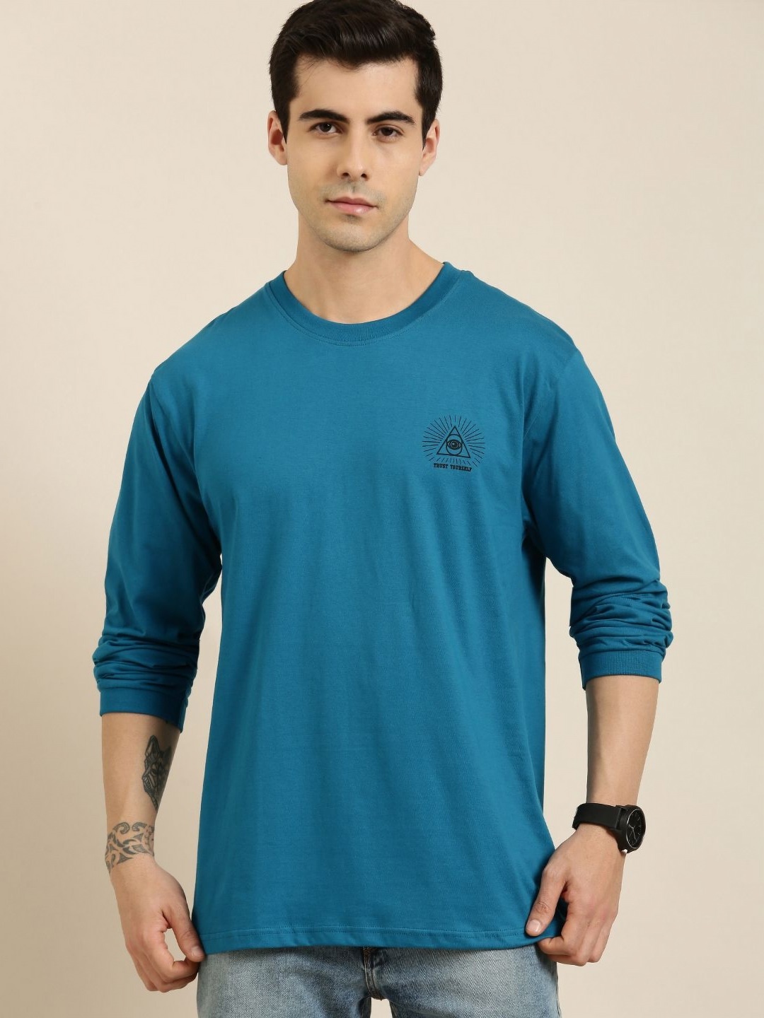 

Difference of Opinion Men Graphic Printed Round Neck Cotton Oversized T-Shirt, Blue