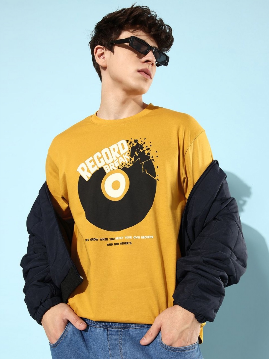 

Difference of Opinion Men Graphic Printed Round Neck Cotton Oversized T-Shirt, Mustard