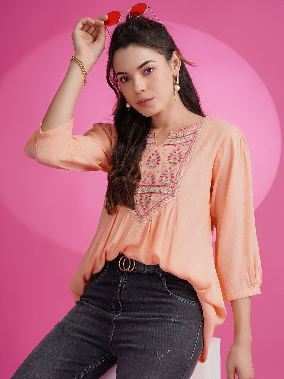 

KALINI Floral Embroidered Thread Work A-Line Kurti, Peach