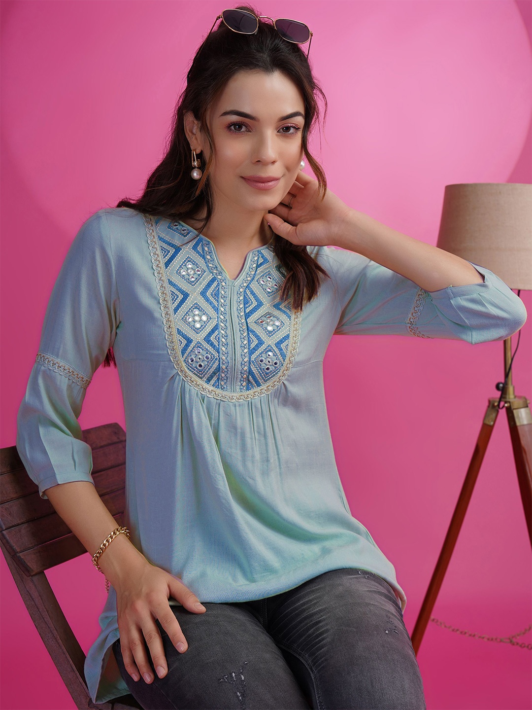 KALINI Geometric Embroidered Mirror Work A-Line Kurti, Blue
