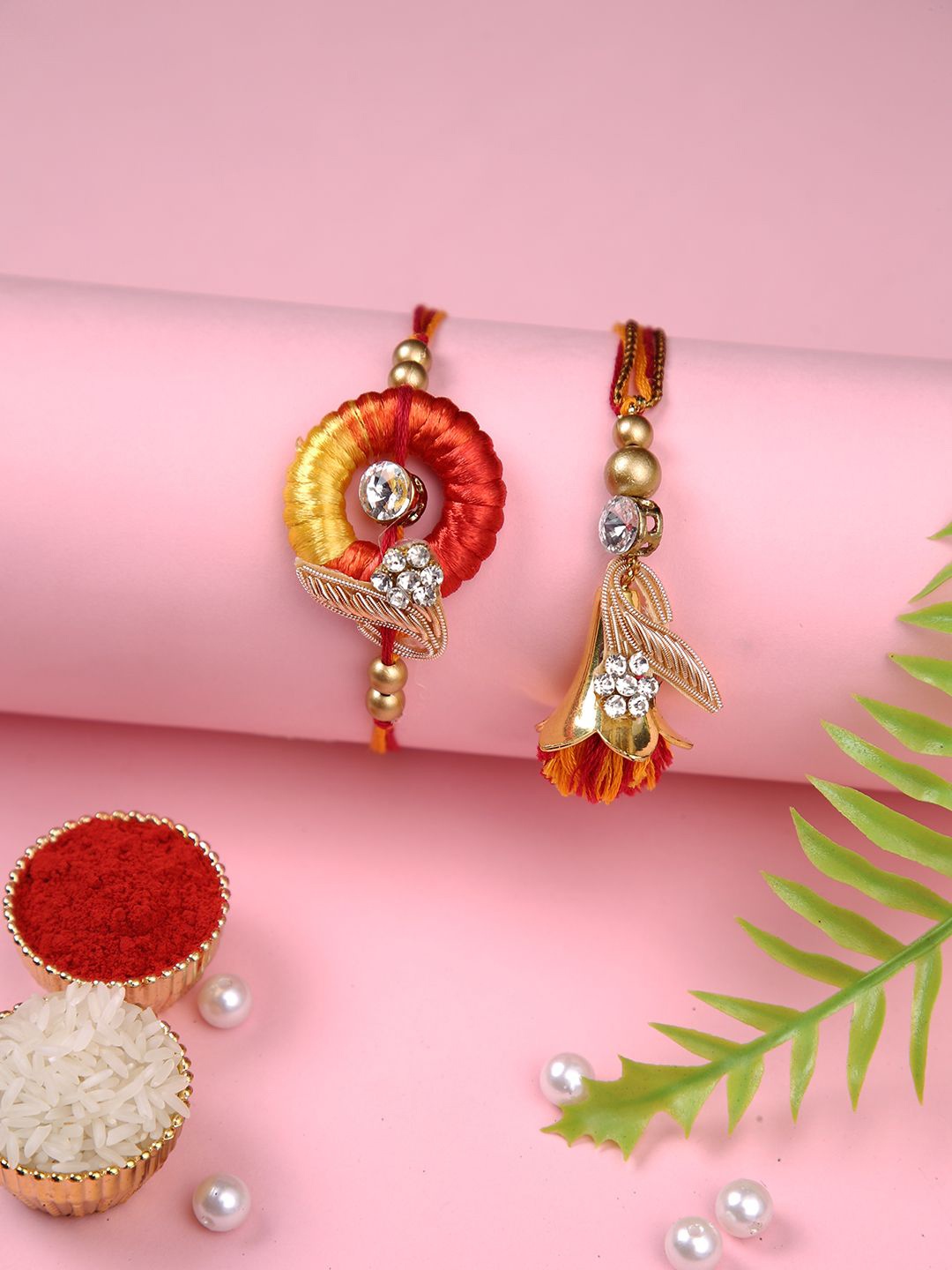 

Aapno Rajasthan Stone-Studded & Beaded Bhaiya Bhabhi Rakhi With Box, Red