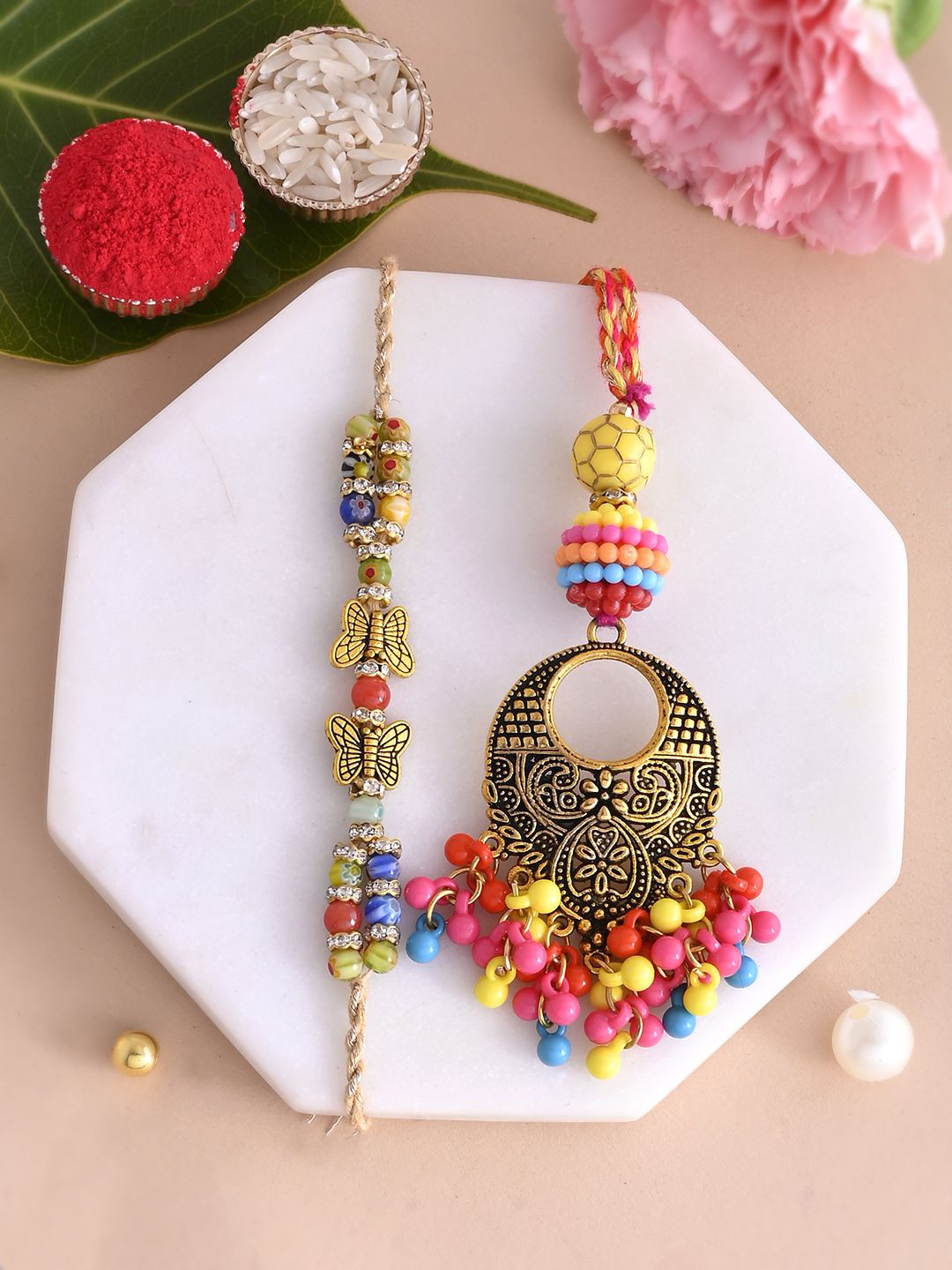 

Aapno Rajasthan Stone-Studded & Beaded Rakhi With Roli Rice Card & Box, Gold