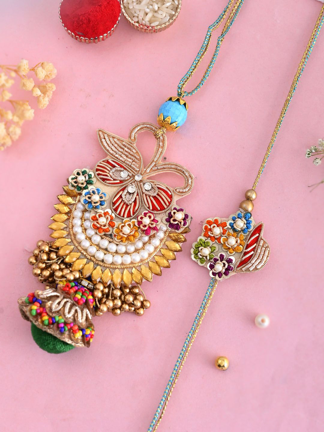 

Aapno Rajasthan Stone-Studded & Beaded Bhaiya Bhabhi Rakhi With Box, Gold