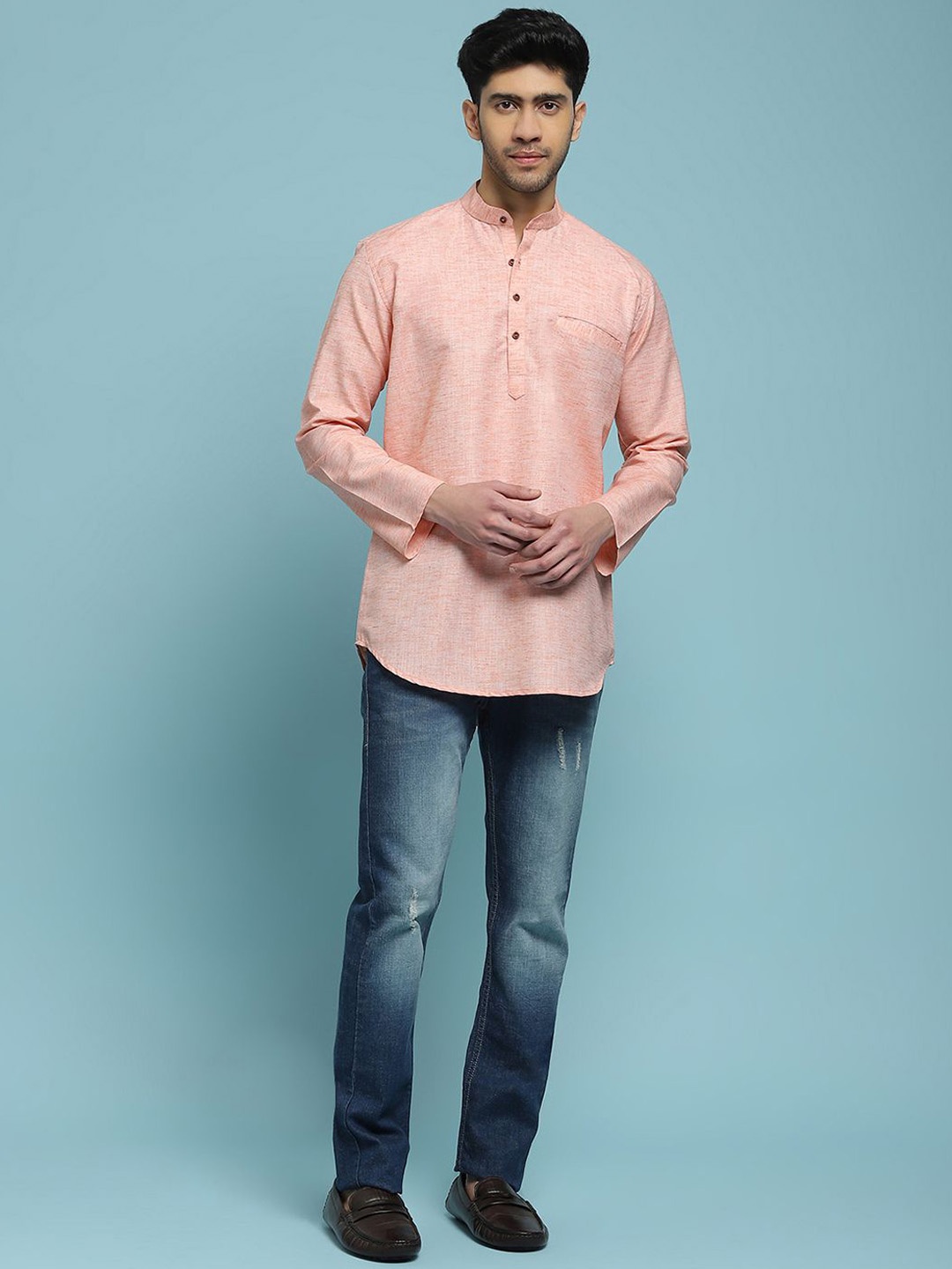 

House of Chikankari Solid Woven Short Kurta, Peach