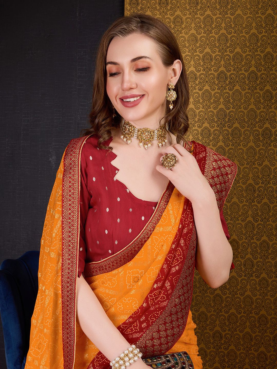 

Mitera Zari Woven Bandhni Saree with Blouse, Red