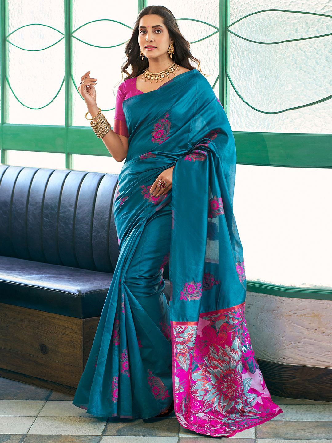 

Satrani Ethnic Motif Woven Pure Silk Banarasi Saree, Blue