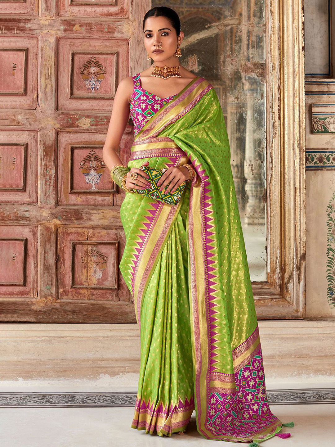 

Satrani Ethnic Motifs Zari Pure Silk Saree, Green