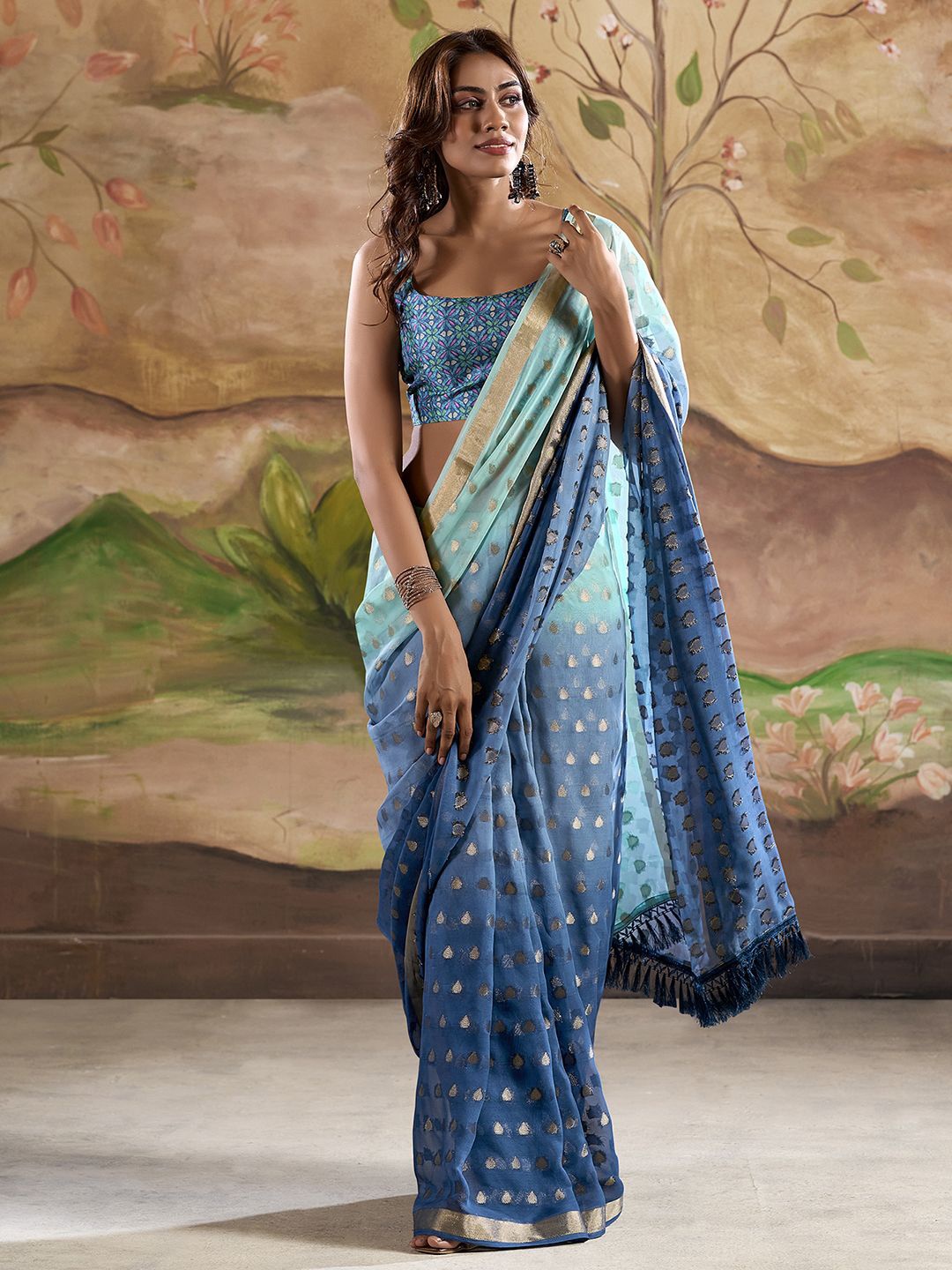 

Satrani Ethnic Motifs Zari Pure Georgette Banarasi Saree, Blue