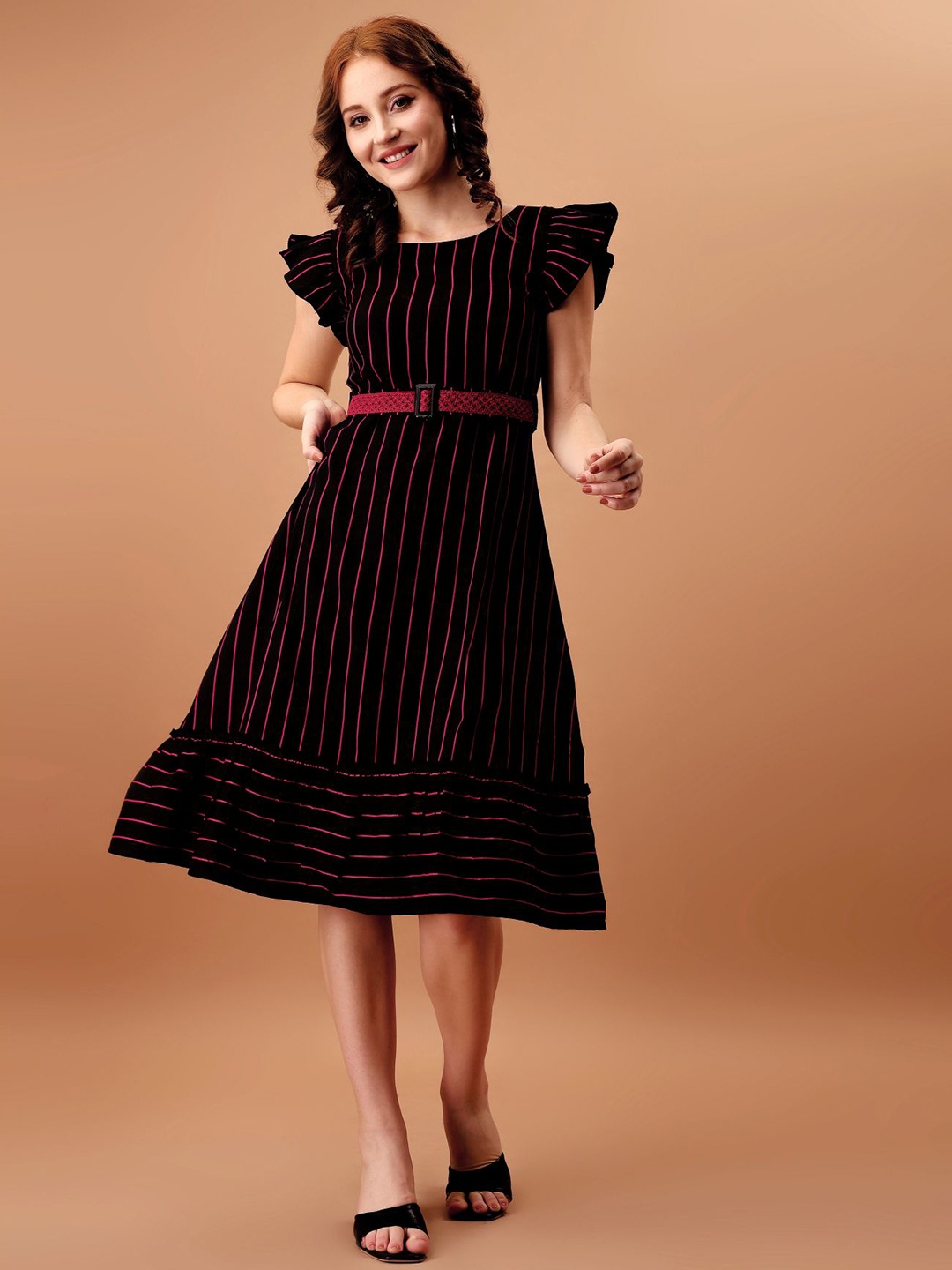 

TextileNow Women Striped Flutter Sleeve A-Line Midi Dress, Black