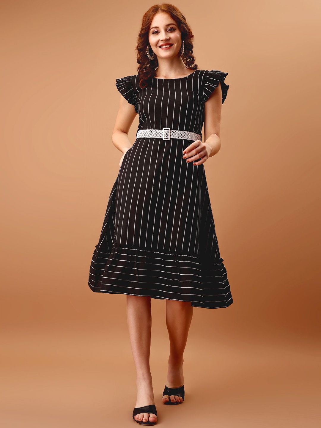 

TextileNow Striped Round Neck Flutter Sleeve Cotton A-Line Dress, White