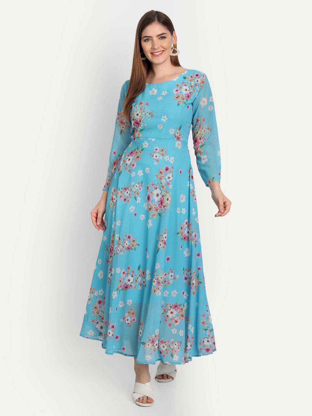 

Dhwanit Floral Print Georgette Fit & Flare Maxi Dress, Blue