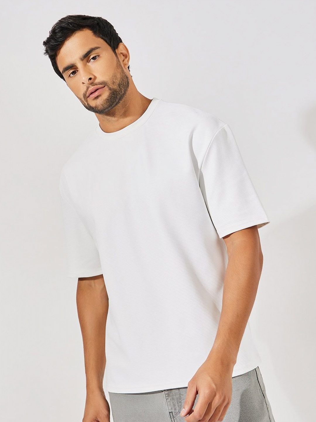 

Styli Men Fine Rib Texture Heavy Jersey Oversized T Shirt, White