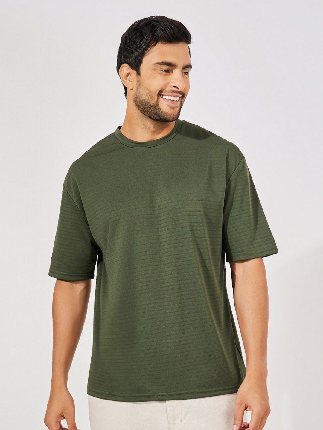 

Styli Men Olive Textured Striped Oversized Heavy Jersey T-Shirt