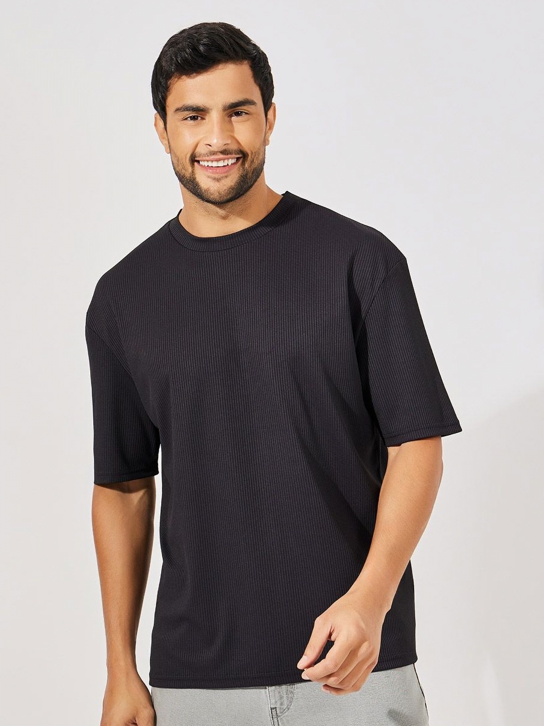 

Styli Men Black Ribbed Oversized Heavy Jersey T-Shirt