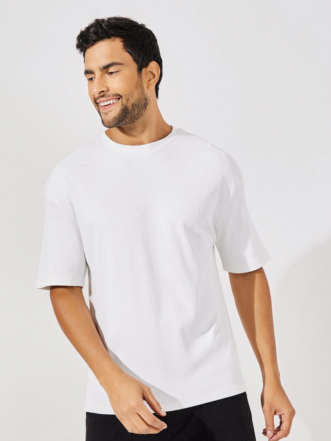 

Styli Men White Ribbed Stripes Oversized Heavy Jersey T-Shirt