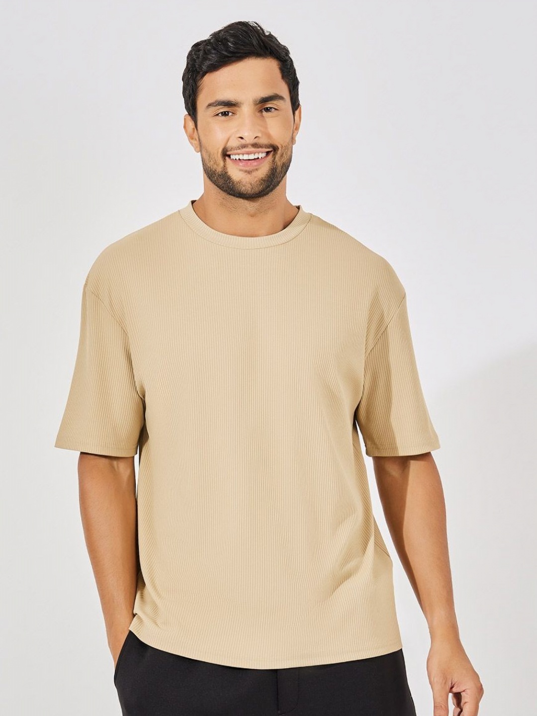 

Styli Men Beige Ribbed Oversized Heavy Jersey T-Shirt