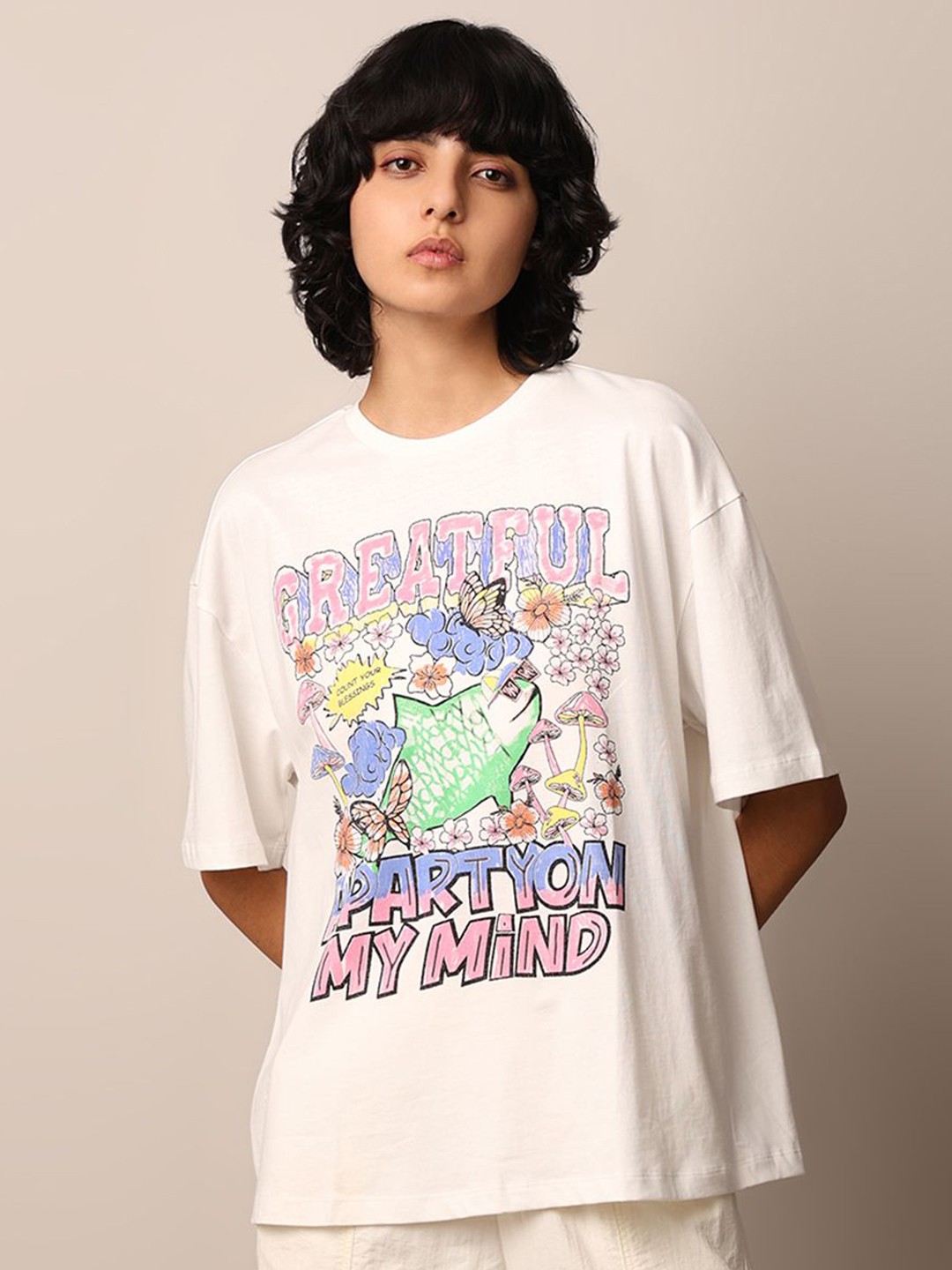 

ONLY Women Typography Printed Round Neck Cotton Oversized T-Shirt, White
