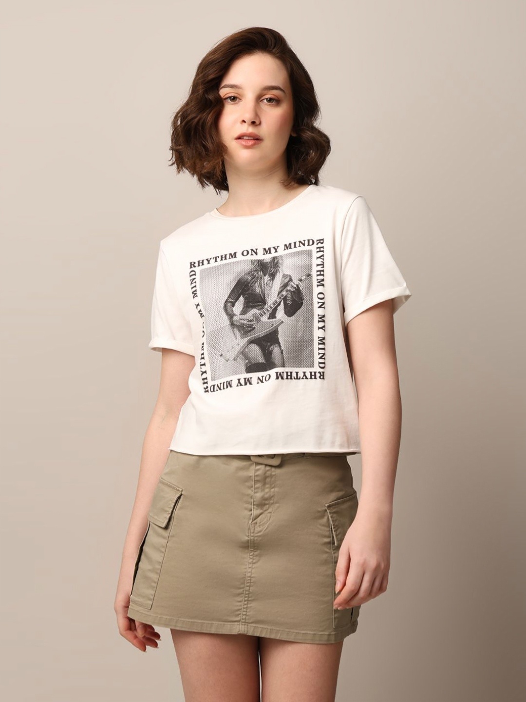 

ONLY Women Typography Printed Round Neck Cotton Boxy T-Shirt, White