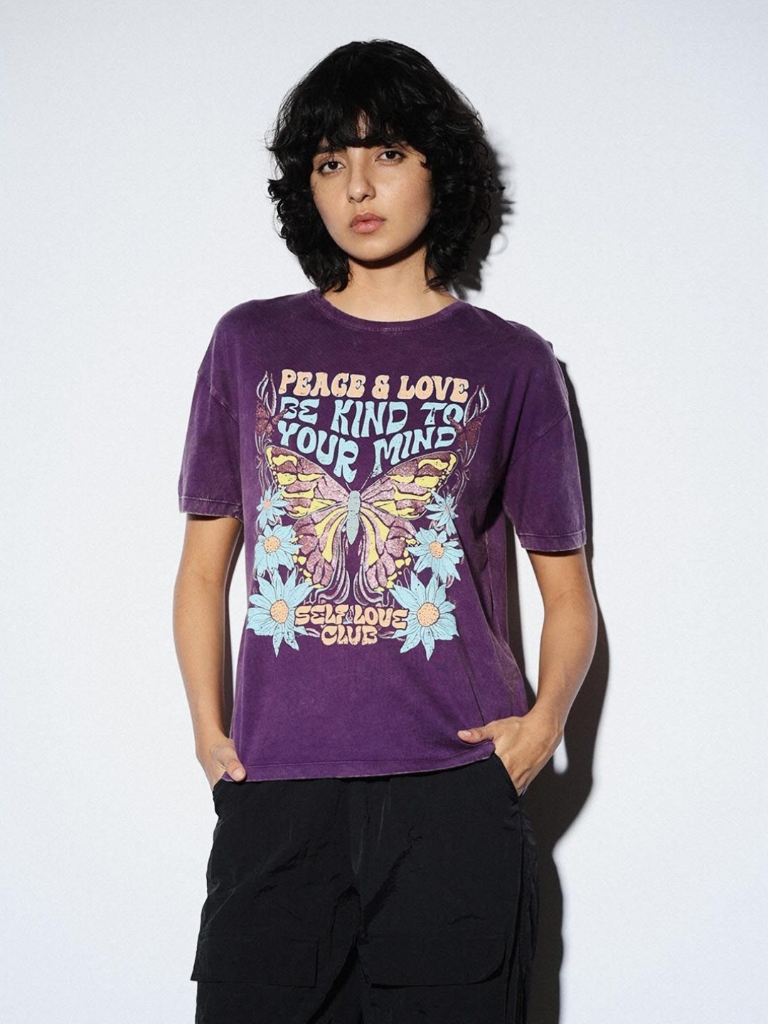 

ONLY Women Typography Printed Round Neck Cotton T-Shirt, Purple