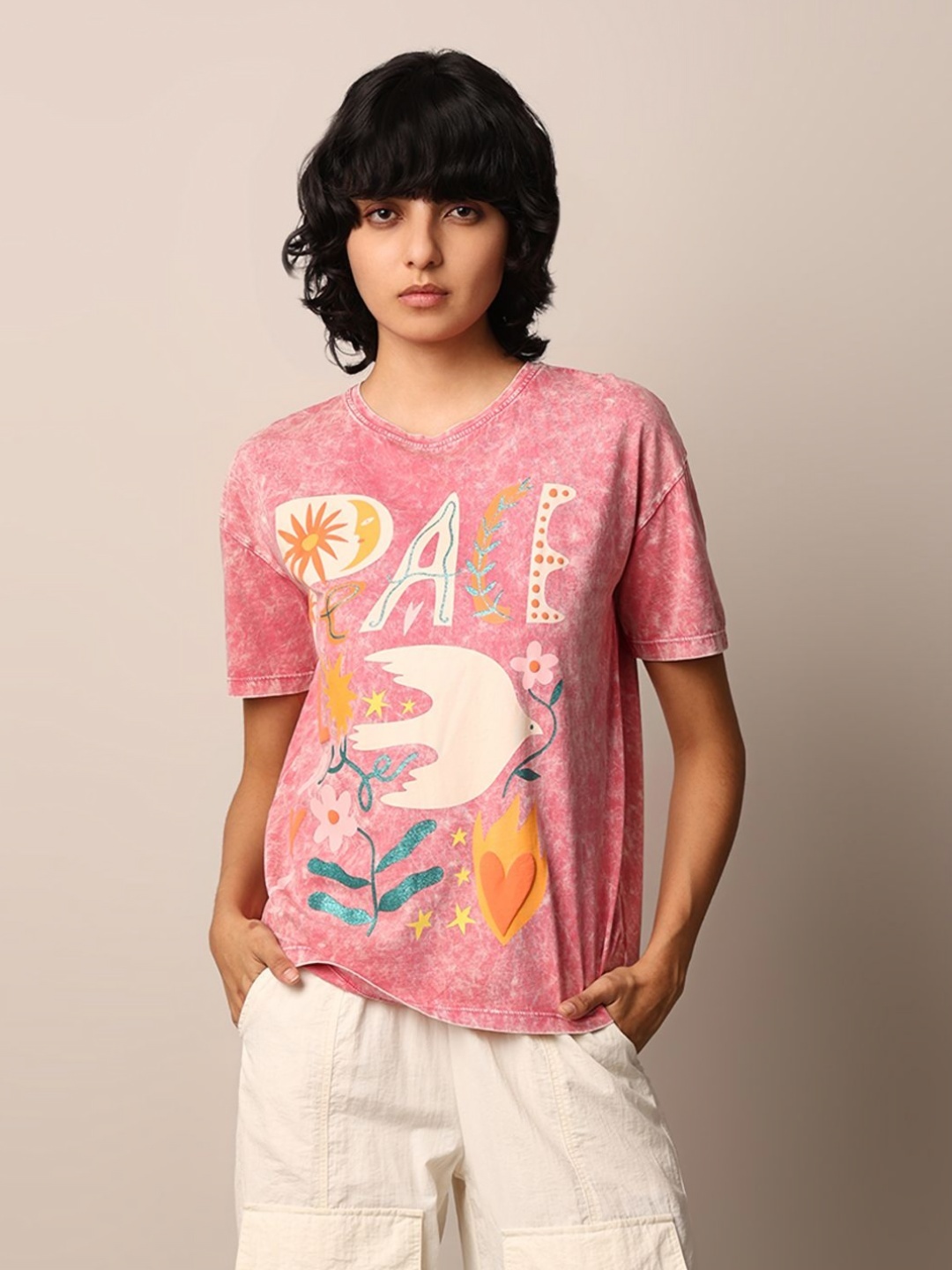 

ONLY Women Typography Printed Round Neck Cotton T-Shirt, Peach