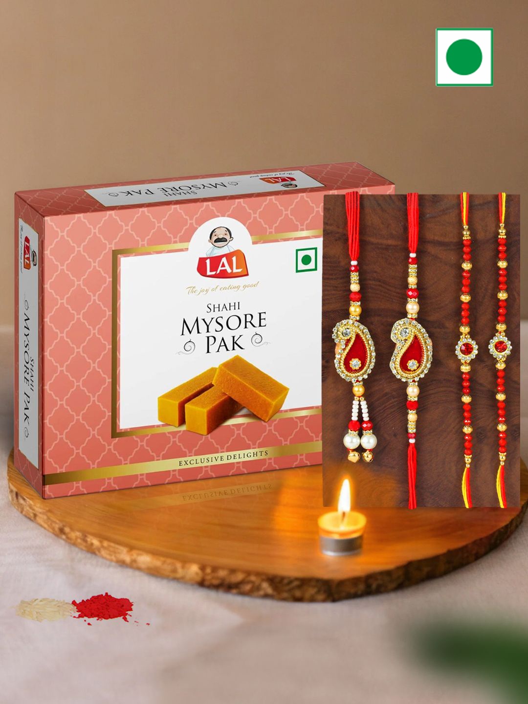 

TIED RIBBONS Set Of 4 Rakhis With Mysore Pak Sweets Gifts, Red