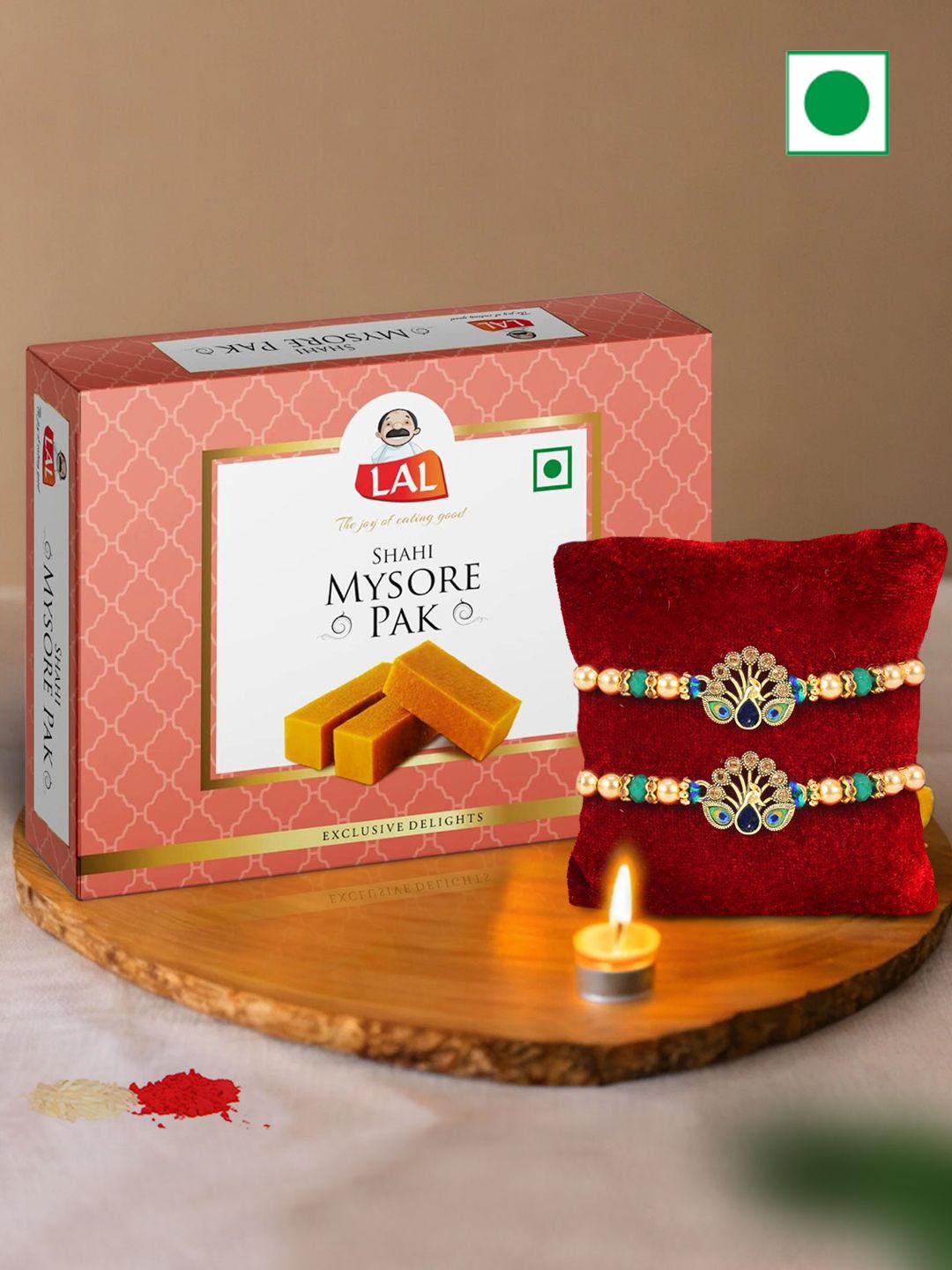 

TIED RIBBONS Set Of 2 Rakhis With Sweet Box & Roli Chawal, Orange
