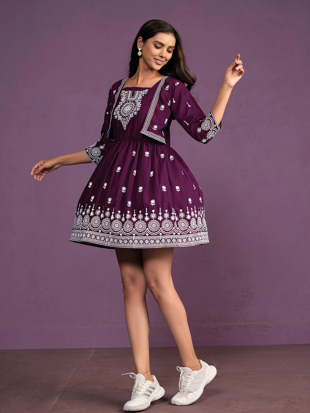

Sangria Chikankari Embroidered Fit & Flare Ethnic Dress, Purple