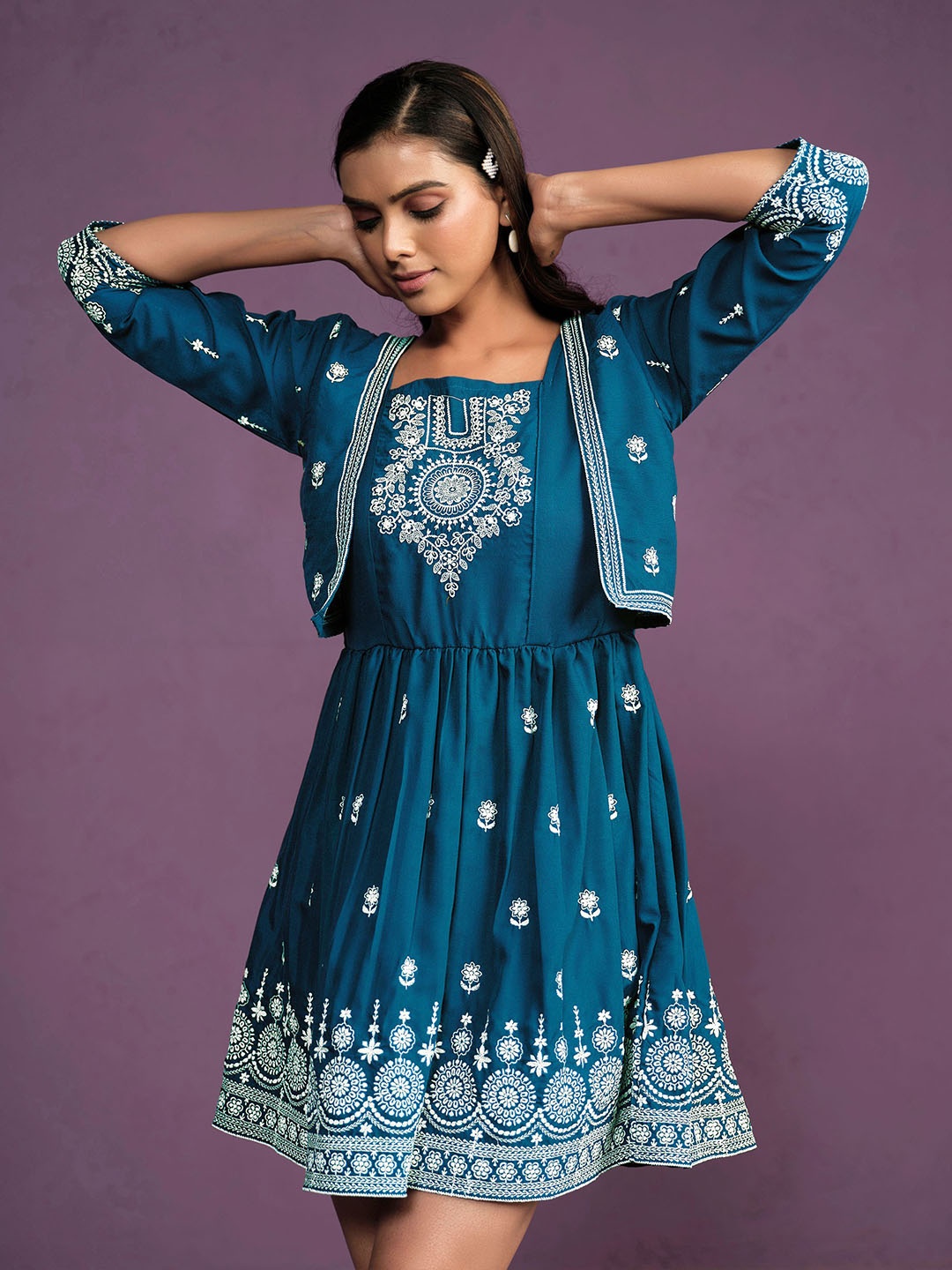 

Sangria Chikankari Embroidered Fit & Flare Ethnic Dress, Teal