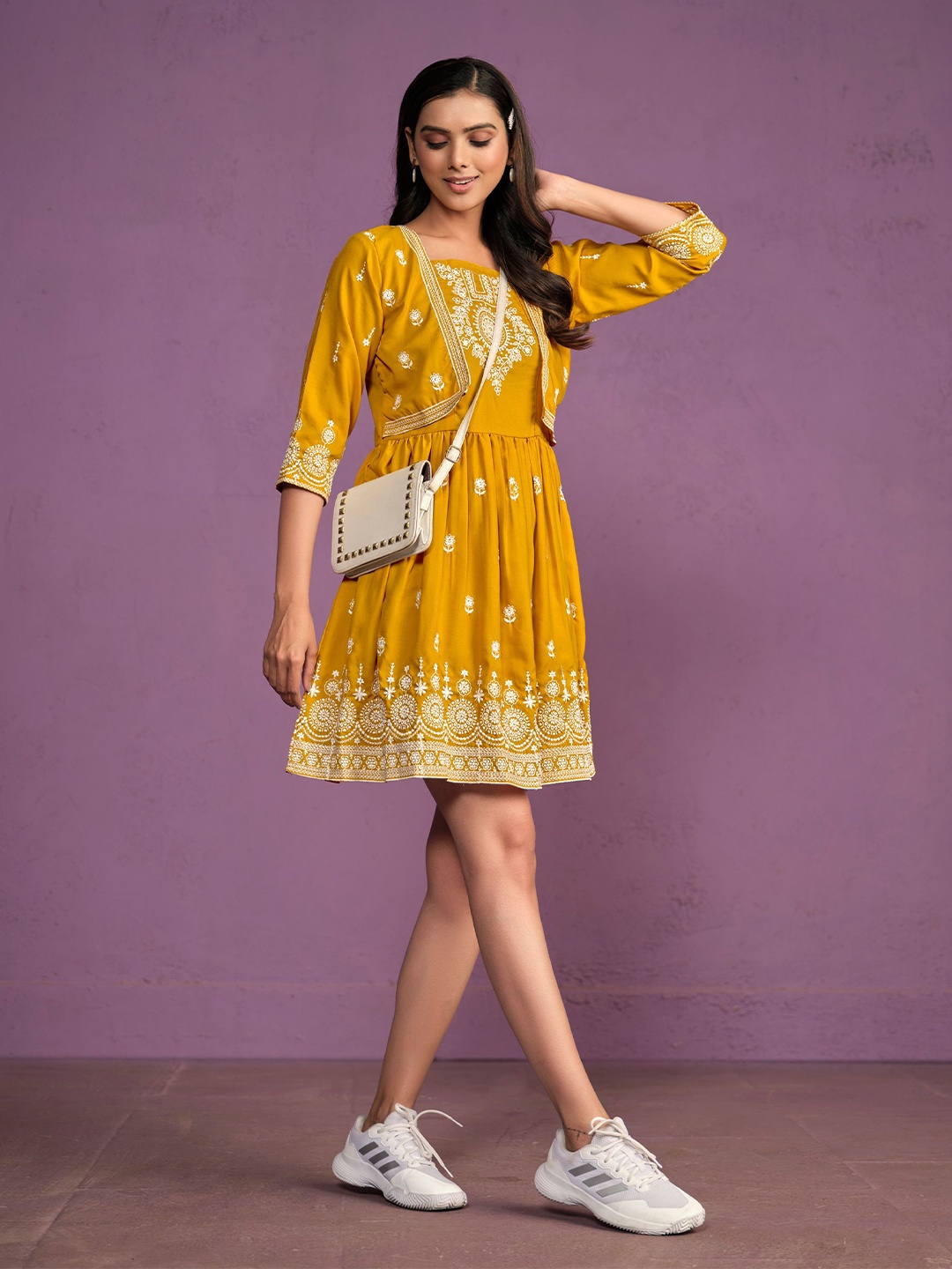 

Sangria Women Embroidered Fit & Flare Dress, Yellow