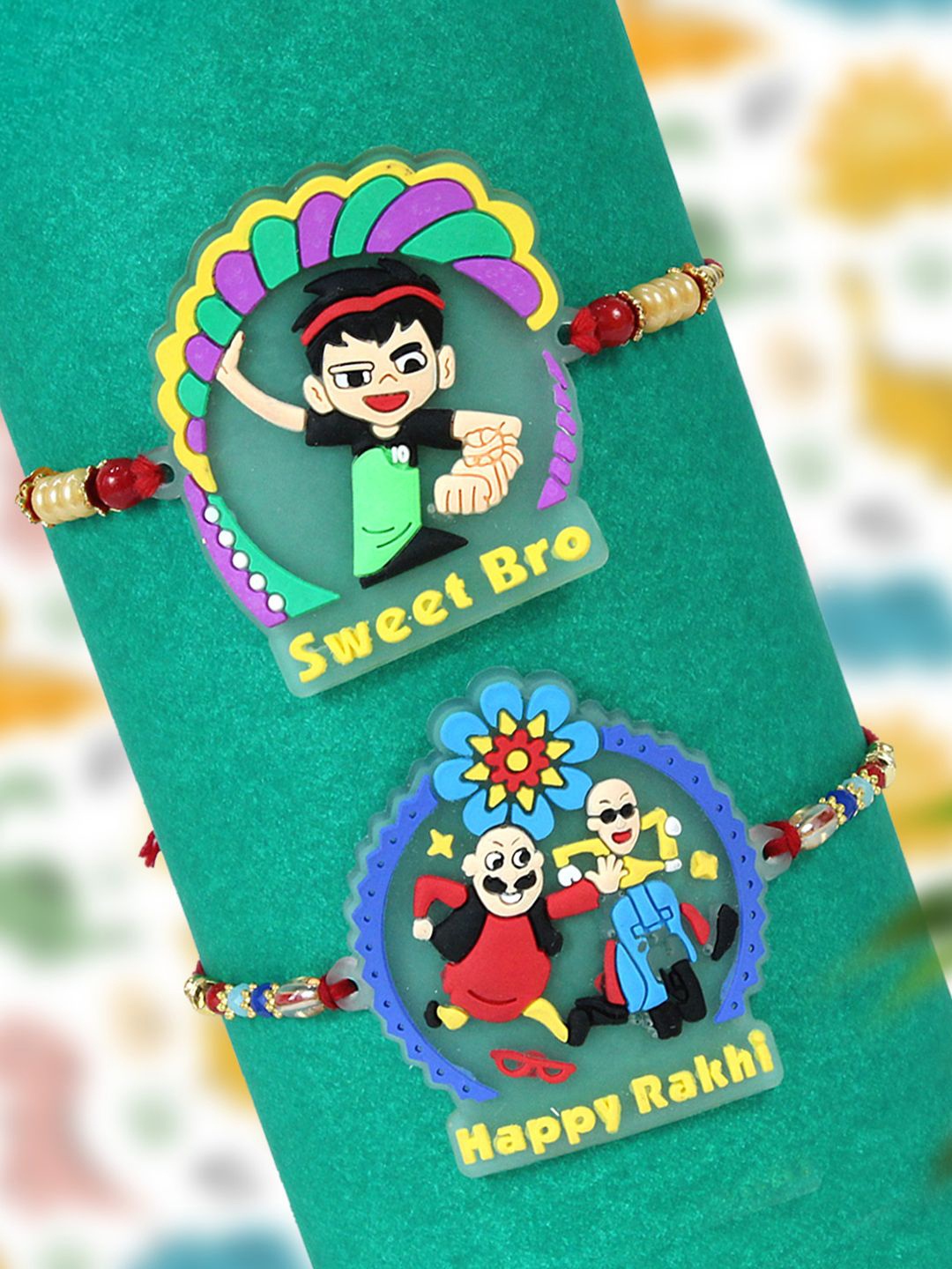 

TIED RIBBONS Kids Set of 2 Motu Patlu & Sweet Bro Rakhis With Card And Tikka, Green