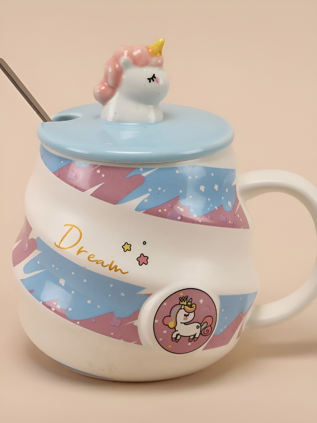 

fnp White & Blue Printed Ceramic Glossy Mug 325ml With Spoon