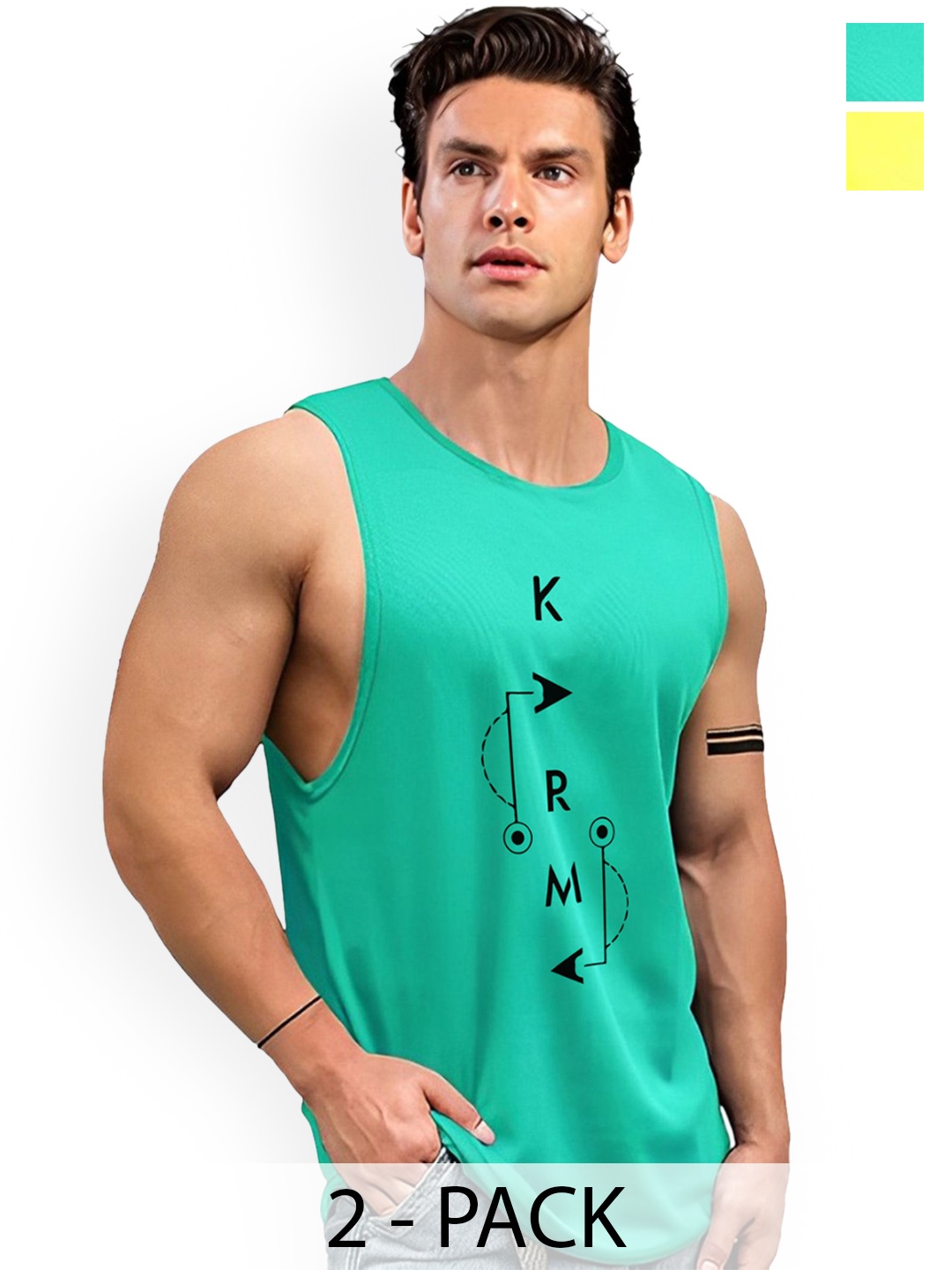 

AUSK Men Printed 2-Pcs Round Neck Sleeveless Gym Vests A724+751, Yellow