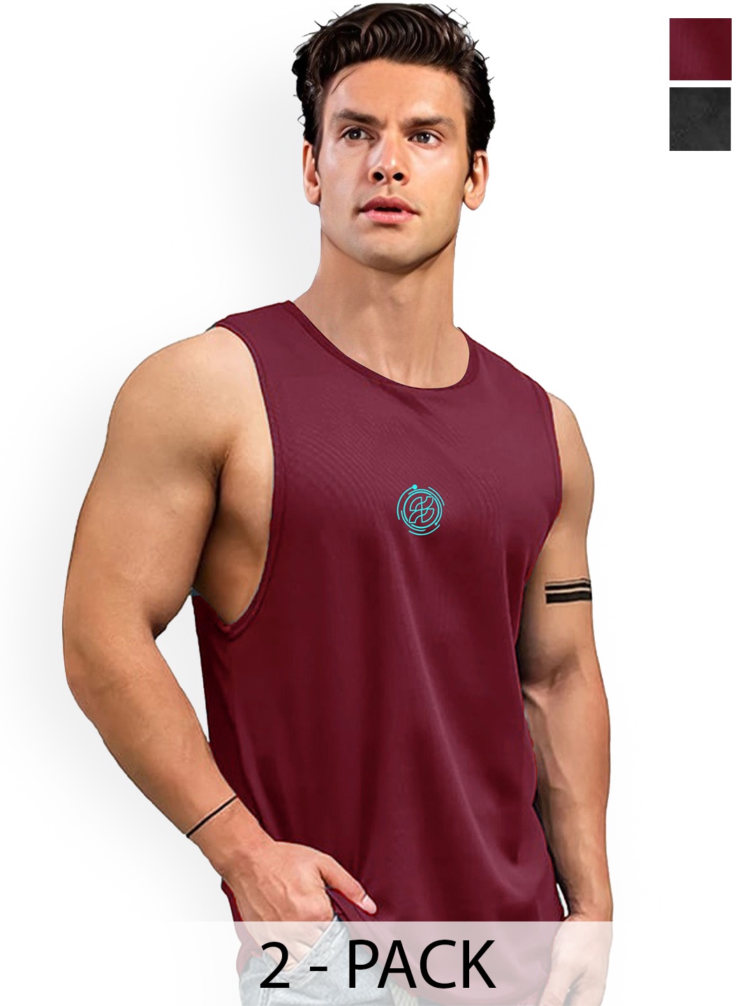 

AUSK Men round Neck 2 Pcs Printed Sleeveless Gym Innerwear Vests A733+737, Black