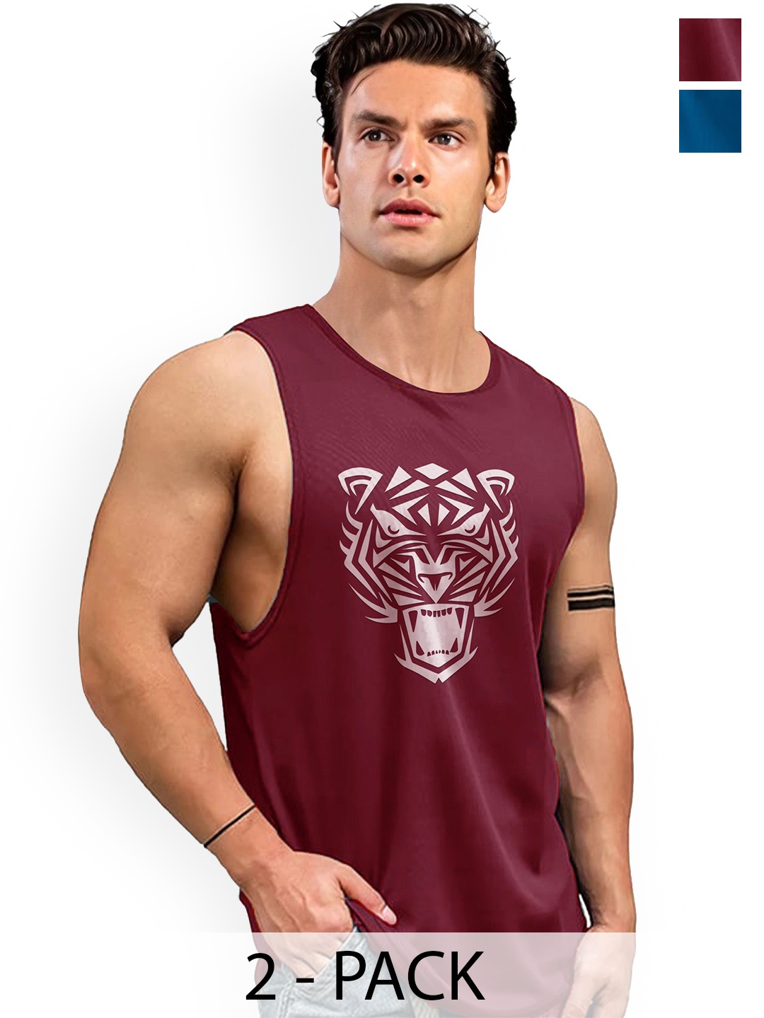 

AUSK Pack Of 2 Men Printed Sleeveless Gym Innerwear Vests, Teal