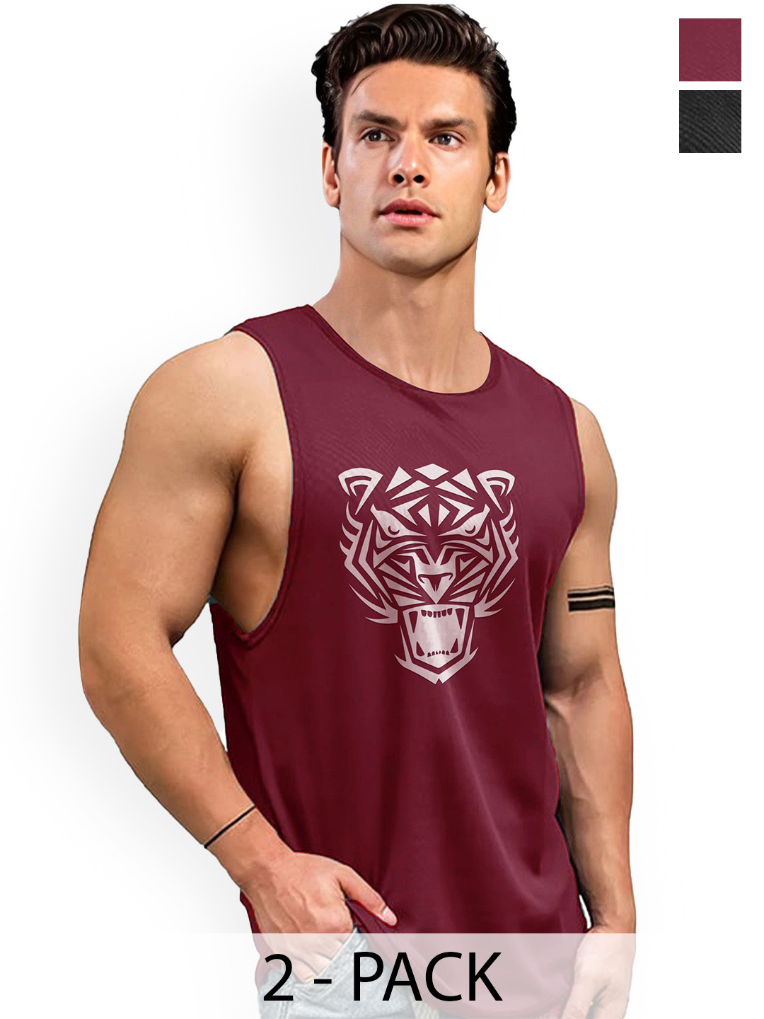 

AUSK Pack Of 2 Printed Sleeveless Round Neck Innerwear Vests A719+730, Black
