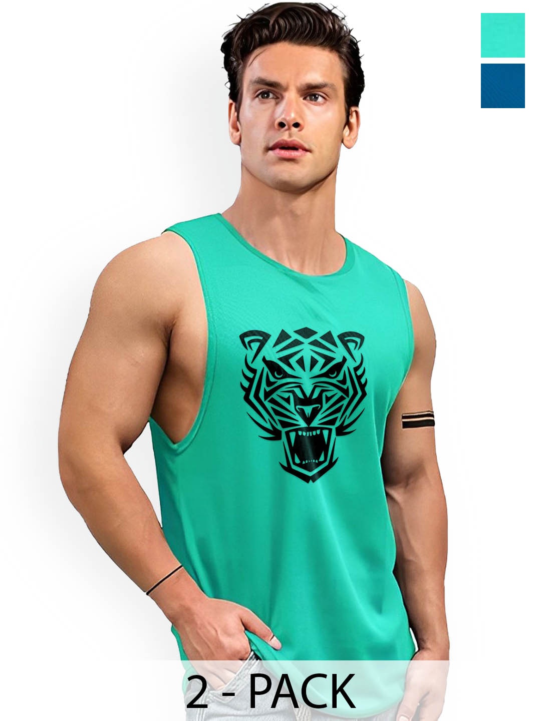 

AUSK men Printed Sleeveless 2Pcs Round Neck Gym Vests A717+760, Teal