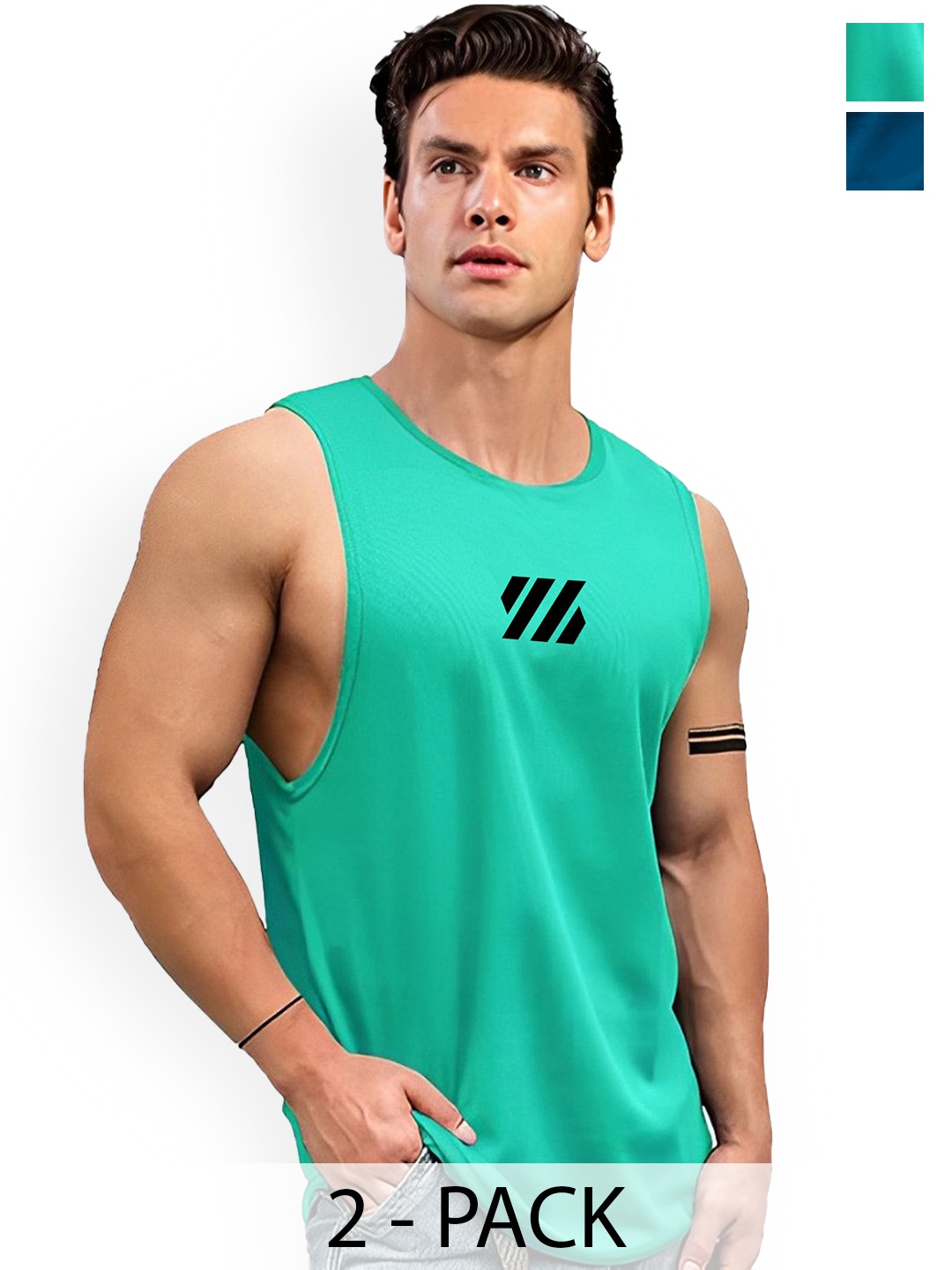 

AUSK Men Round Neck Sleeveless 2 Pcs Printed Gym Innerwear Vests A752+762, Green