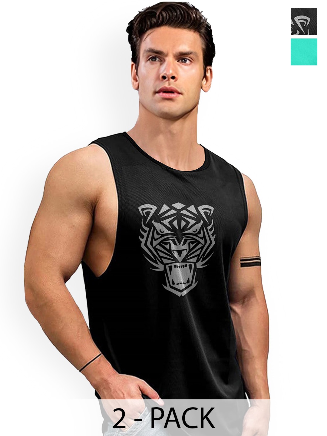 

AUSK Pack Of 2 Printed Sleeveless Gym Innerwear Vests A716+754, Green