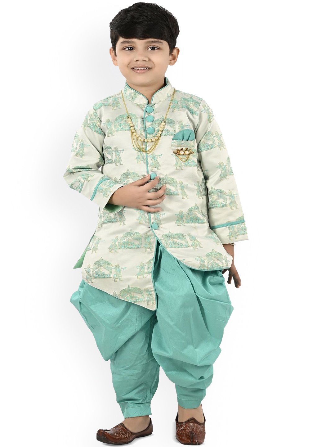 

BAESD Boys Ethnic Motifs Printed Mandarin Collar Kurta With Dhoti Pants, Teal